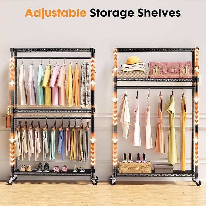 Sweetcrispy Rolling Clothes Rack, Heavy Duty Garment Racks 3 Tiers Portable Adjustable Wire Shelves with Wheels, Hanging Rods & Side Hooks Metal Freestanding Clothing Wardrobe Closet - Black