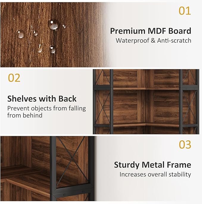 5-Tier L Shaped Bookshelf, Vintage Industrial Corner Bookcase, Large Tall Storage Shelves Display Rack with Metal Frame for Living Room, Home Office, Bedroom, Dark Walnut