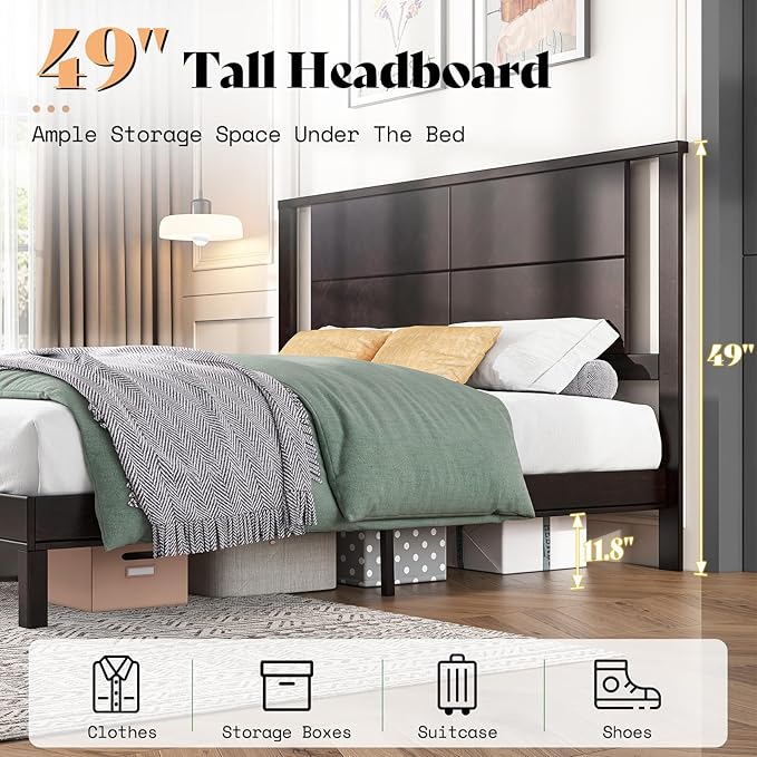 AMERLIFE Solid Wood King Size Bed Frame with Headboard, Mid Century Modern Style Platform Bed with Under-Bed Storage, No Box Spring Needed, Noise Free, Easy Assembly, Dark Brown