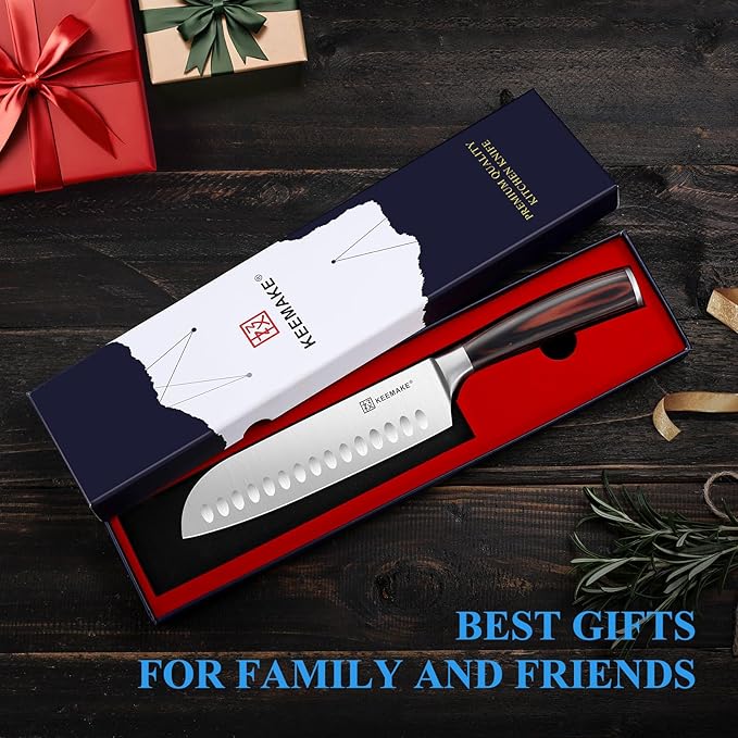 KEEMAKE Chef Santoku Knife: 7 Inch Ultra Sharp Kitchen Knife with Stainless Steel Blade Japanese Knife for Cooking Meat Fruit Vegetable, with Ergonomic Pakkawood Handle and Gift Box Included