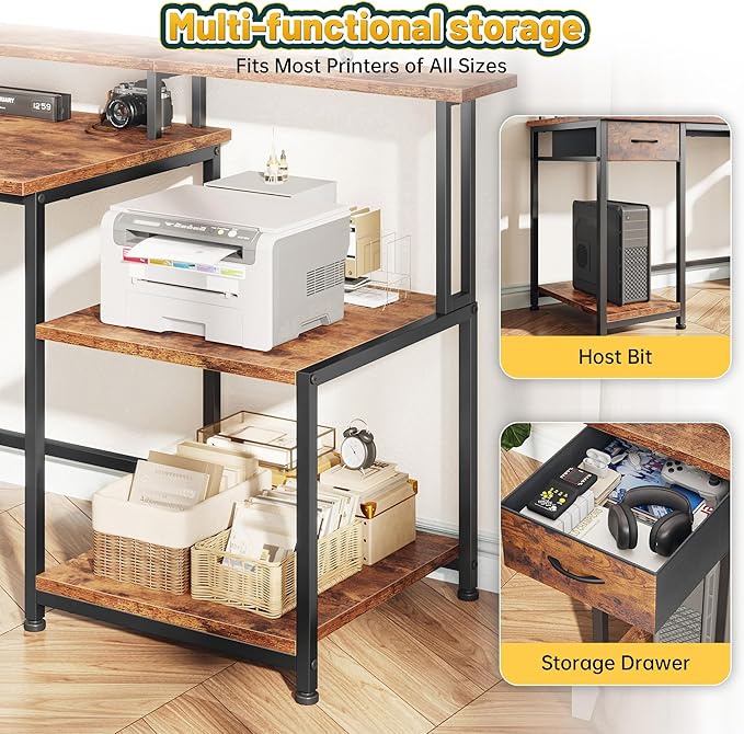 55 Inch Computer Desk with Drawer, Office Desk with Printer Storage Shelves & File Cabinet,Gaming Desk with LED & Power Outlet,Study Table with Monitor Shelf for Home Office Dorm Bedroom Rustic Brown