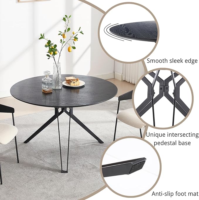 DUOMAY 47'' Round Dining Table for 4-6 Person, Mid-Century Modern Solid Wood Dining Room Table, Dinner Table with Intersecting Pedestal Metal Base for Kitchen, Office, Living Room, Black