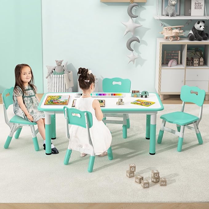 INFANS Kids Table and Chiar Set, Height Adjustable Toddler Desk and 4 Chairs with Graffiti Desktop Non-Slip Legs, Large 47" L x 23.5" W Multi-Activity Art Table for Daycare Classroom Home (Green)