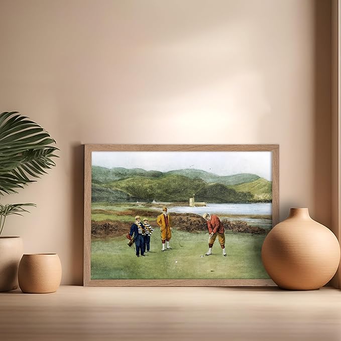 Poster Master The Putting Green Painting Poster - Golf Course Print - Golf Art - River Art - Sports Art - Landscape Art - Father's Day Art - Great Office or Living Room Decor, 16x20 Beige Framed