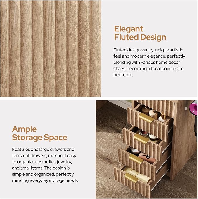 11 Drawers Fluted Vanity Desk with Glass Top, 47" Makeup Vanity with Large Mirror and 12 LED Lights, Dressing Table with Power Outlet for Bedroom, Natural