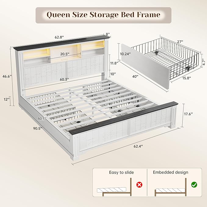 EnHomee Queen Bed Frame with Headboard and Storage, 4 Drawers and LED Built in Charging Station Bed Frame Queen Size with Storage Farmhouse, NO Noise,No Box Spring Needed, White