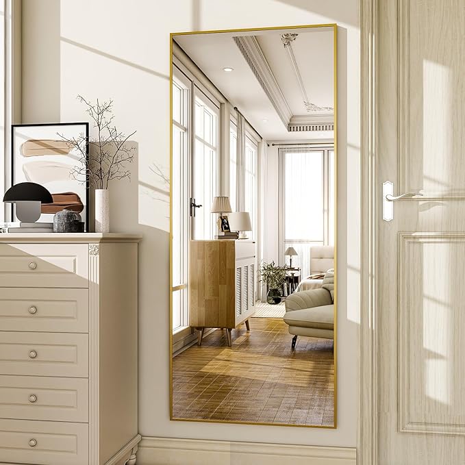 HARRITPURE 21"x56" Full Length Mirror Floor Rectangle Mirrors Aluminum Frame Standing Wall & Leaning Large Dressing Mirror for Living Room Bedroom Cloakroom,Gold
