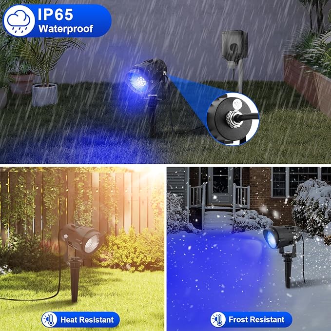 Blue Landscape Lights Outdoor, 14 LED Landscape Lighting with US Plug, IP65 Waterproof Spotlights for Tree Yard Garden Pathway Halloween Christmas Decor 2 Pack