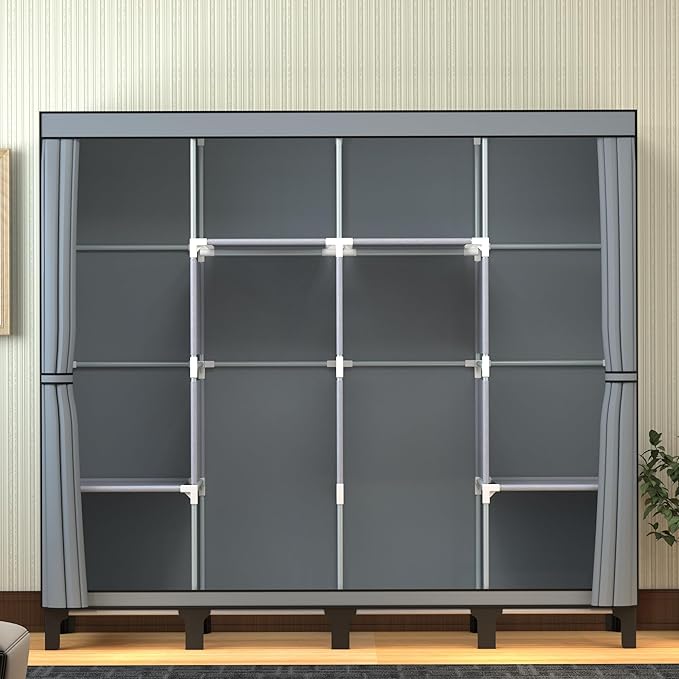 Non-Woven Wardrobe, No Tools Required, Large Capacity, Easy Assembly, Movable, Storage Rack, Waterproof, Dustproof, Stain Resistant, Black, 67.7 x 172 cm (Grey, X-Large)