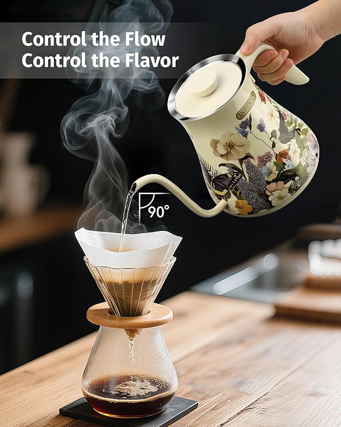 INFOOD 0.8L Gooseneck Electric Kettle, Precise Temperature Control for Pour Over Coffee & Tea, 1200W Fast Boiling Water, Auto Shut Off, Scheduling, Stainless Steel, Floral Painted Design