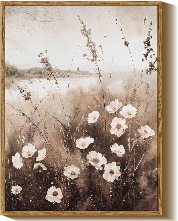 InSimSea Framed Wall Art for Living Room Landscape Canvas Wall Decor Meadow with Flowers Vintage Paintings Classical Wildflower Field Scene Boho Floral Pictures Decor for Bathroom Bedroom 12x16in