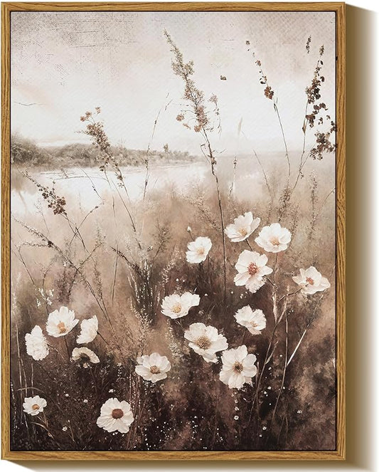 InSimSea Framed Wall Art for Living Room Landscape Canvas Wall Decor Meadow with Flowers Vintage Paintings Classical Wildflower Field Scene Boho Floral Pictures Decor for Bathroom Bedroom 12x16in