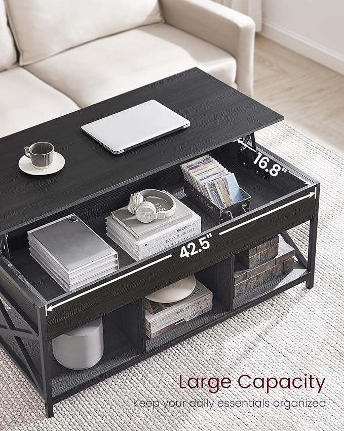 VASAGLE Lift Top Coffee Table, Lift Coffee Table with Storage Shelf, Hidden Compartments and Lifting Top, for Living Room, Office, 19.7 x 47.2 x (19.3-24.4) Inches, Black with Wood Grain ULCT212B22