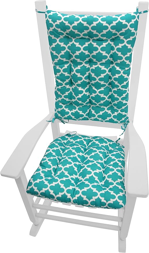 Fulton Aqua Porch Rocker Cushions - Small - Indoor-Outdoor: Fade Resistant, Weatherproof - Latex Foam Filled Rocking Chair Seat Cushion & Backrest Pad Set - Made in USA (Teal White Quatrefoil)