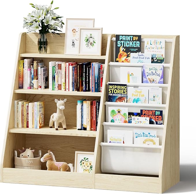 4 Tier Kids Wooden Bookshelf,Five Layer Sling Children Bookcase,Baby Storage Book Rack,Book and Toy Organizer Cabinet Chest,Book Display Shelf,Playroom Nursery Classroom Library