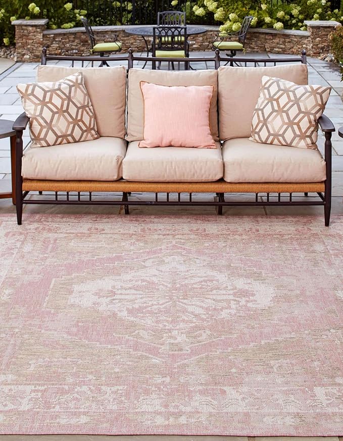 Unique Loom Outdoor Traditional Collection Area Rug - Valeria (13' Square Pink/Ivory)