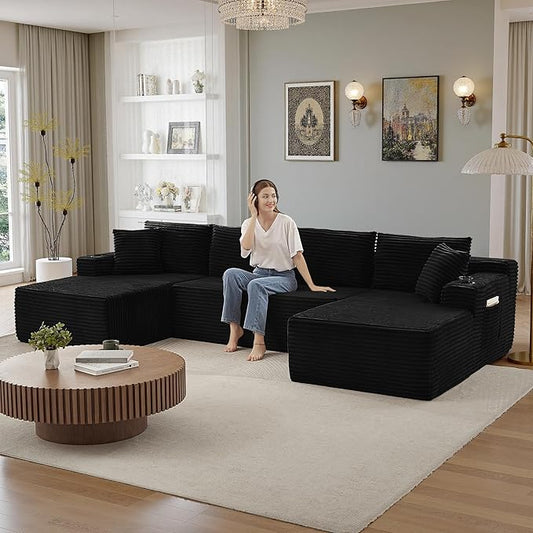 104''Sectional Cloud Couch with L Shaped Chaise,Modern Modular Sectional Sofa,Boneless Couch with Deep Seat,Comfy Couches for Living Room (Black, U Shaped)