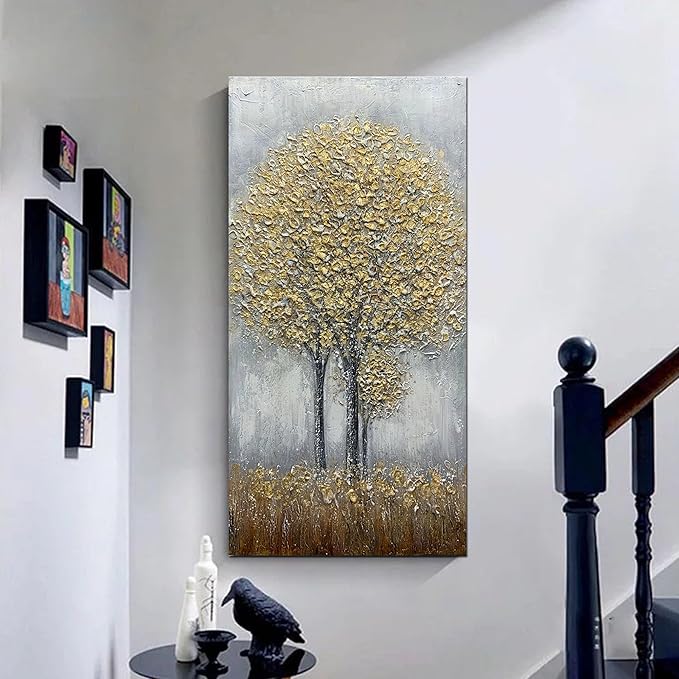 Yotree Paintings, 24x48 Inch Paintings Oil Hand Painting Blue-gray Tree Painting 3D Hand-Painted On Canvas Abstract Artwork Art Wood Inside Framed Hanging Wall Decoration Abstract Painting
