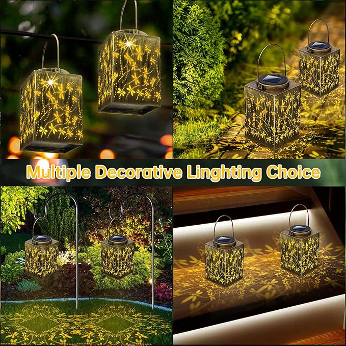 2 Pack Solar Lanterns - Waterproof Metal Hanging Solar Lights Outdoor Decorative, Solar Powered LED Lamp for Patio Tabletop Porch Deck Yard Garden Decor for Outside (Dragonfly)
