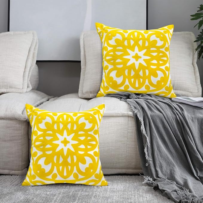 Alysheer Floral Embroidered Fall Decorative Throw Pillow Cover 18"x 18" Set of 2, Boho Mandala Embroidery Yellow Patterned Cushion Case for Sofa Couch Living Room Bedroom Outdoor
