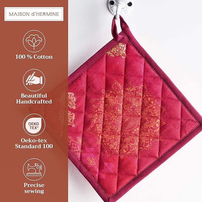 Maison d' Hermine Pot Holders 100% Cotton Heat Resistant Potholders 8" x 8" Hot Pads with Loop for Thanksgiving Christmas Decorations BBQ Cooking Baking Handling Hot Pans (Pack of 1, Versailles)