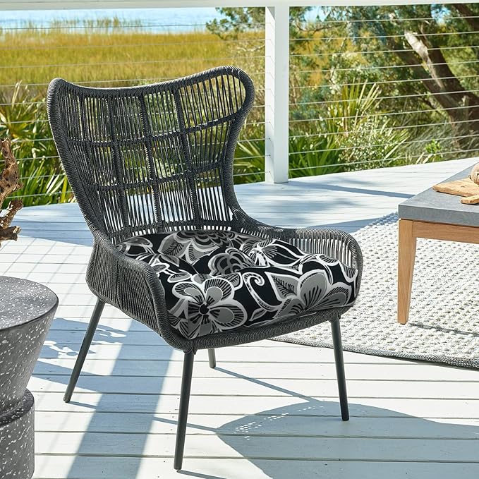 Set of 2 Outdoor Chair Cushions 19"x19"x4",Water Repellent Tufted Seat Cushions with Ties, Replacement Thick Chair Pads for Wicker Dining and Patio Furniture - Flower Black