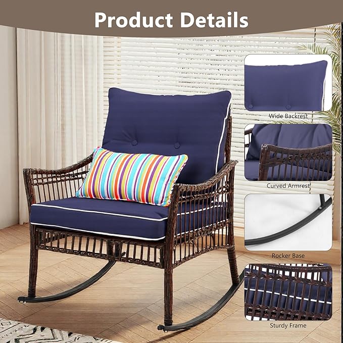 3 Pieces Patio Furniture Set, Outdoor Rocking Chairs Set of 2, Wicker Cushioned Patio Rocker with Side Table for Porch, Garden, Poolside & Deck, Blue