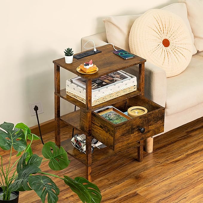 Lerliuo Nightstand Set of 2 with Charging Station and USB Ports, 3-Tier Storage End Table with Drawer Shelf, Night Stand for Small Spaces, Wood Bedside Table for Living Room, Bedroom-Brown