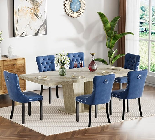 Goujxcy 7-Piece Extendable Dining Table Set for 6, 63-78 Inch Faux Travetine Kitchen Table Set with 6 Blue Upholstered Chairs Modern Wood Expandable Dining Room Table Set for Kitchen Apartment