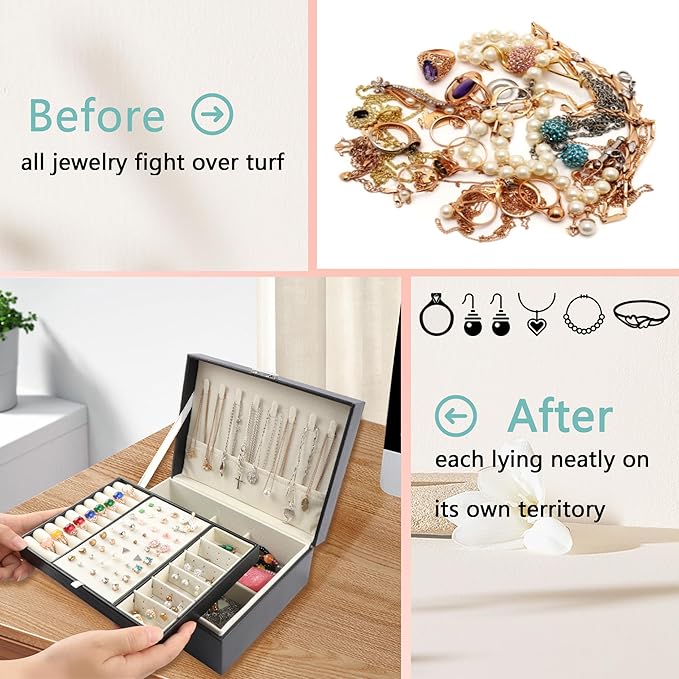 Homeanda Jewelry box 2 layer Jewelry box Leather Jewelry boxes for Women Girls Teens Jewelry organizer box Jewelry Storage box with lock(Black)