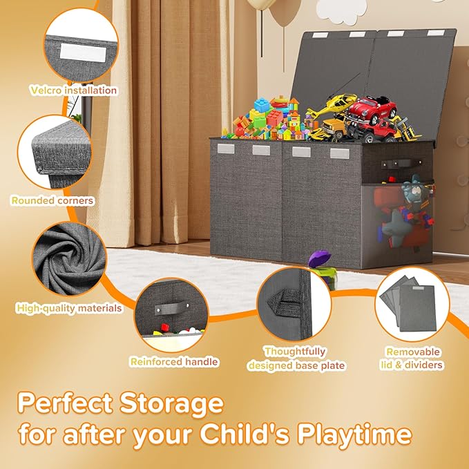 Large Toy Box Chest, Collapsible Sturdy Toy Storage Organizer Boxes Bins Baskets Dinosaur Kids Toy Chest Bin with Lids for Boys Girls Living Room Playroom Bedroom Nursery 25"x14"x16" Gray