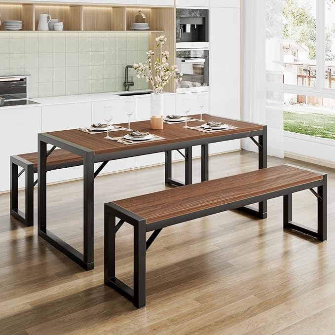 SHA CERLIN Kitchen Dining Table Set for 4 with Benches, Rustic Small Space Saving Dinette, Heavy Duty Metal Frame