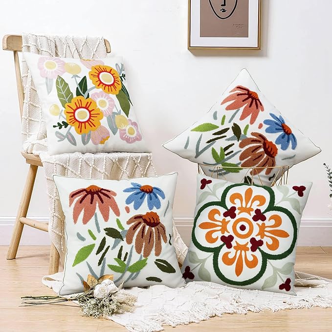 Merrycolor Boho Decorative Throw Pillow Cover 18x18 Colorful Embroidered Pillow Covers Textured Aesthetic Pillow Cases Bohemian Modern Farmhouse Pillow Covers for Couch Bed,1PC