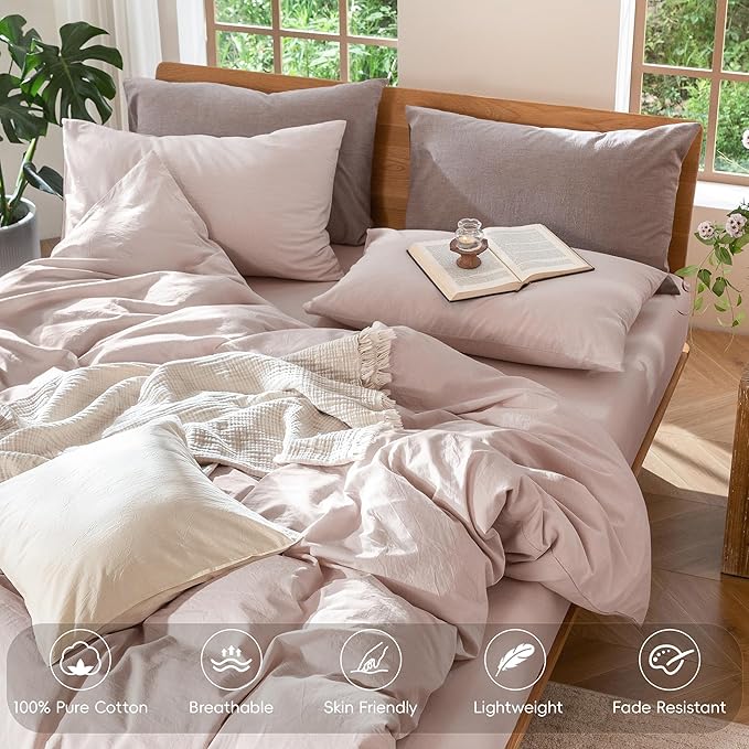MooMee Bedding Duvet Cover Set 100% Washed Cotton Linen Like Textured Breathable Durable Soft Comfy (Heathered Greyish Pink, Twin 68"x90")