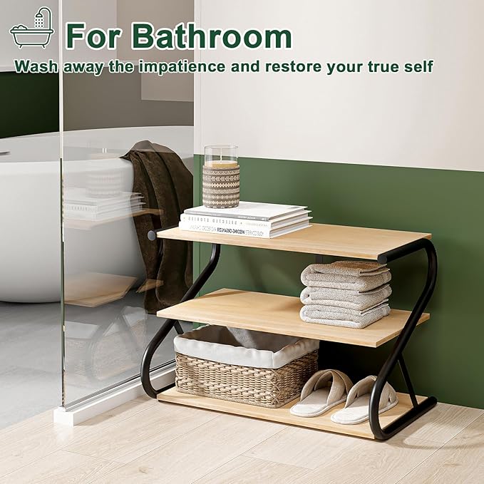 Shoe Rack, Z-Frame Wooden 3-Tier Shelf with Durable Metal Shelves, Shoe Organizer for High Heels, Hallway, Living Room, Closet, Bedroom (Natural Wood)