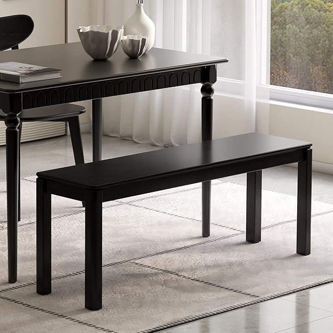 47.2'' 100% Solid Wood Dining Bench, Oak Wood Long Bench for Dining Table, End of Bed, Entryway, Hallway, Sofa Back, Suqare Bench for Dining Room Kitchen Bedroom Living Room, Black