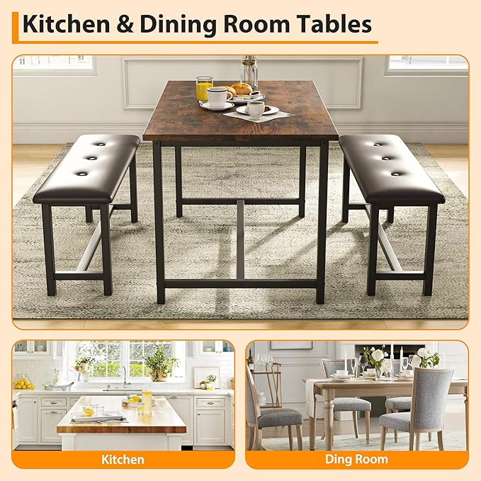 Dining Table Set for 4, Dining Room Table Set with 2 Upholstered Benches, Small Kitchen Table Set, 3 Piece Farmhouse Rectangular Dining Room Table Set, Space Saving Dining Table for Apartment