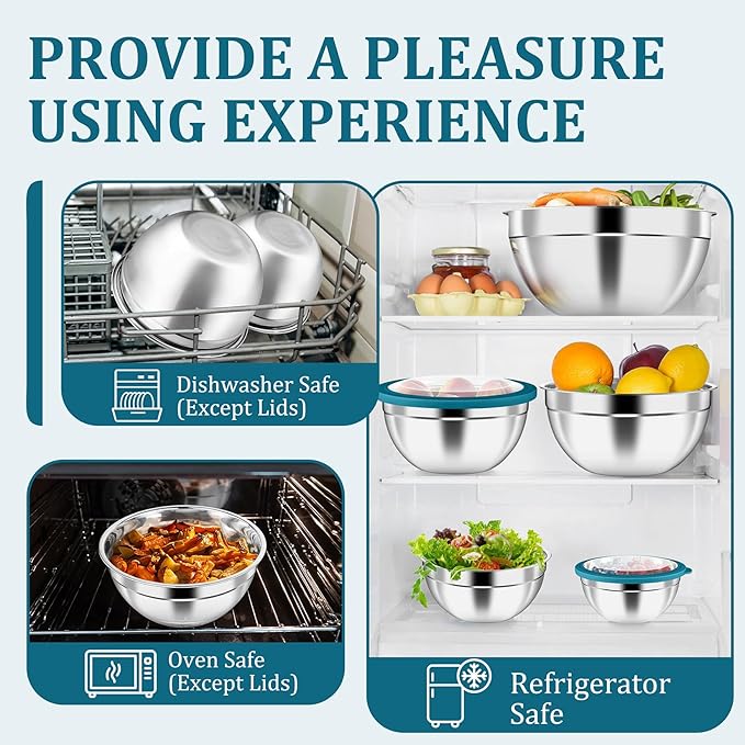 P&P CHEF Mixing Bowl with Visible Airtight Lid Set of 5, 10-Piece Stainless Steel Nesting Salad Bowl Set for Prepping, Mixing and Serving, Size 4.6, 3, 1.5, 1, 0.7 QT, Rimmed Edges & Flat Base, Blue