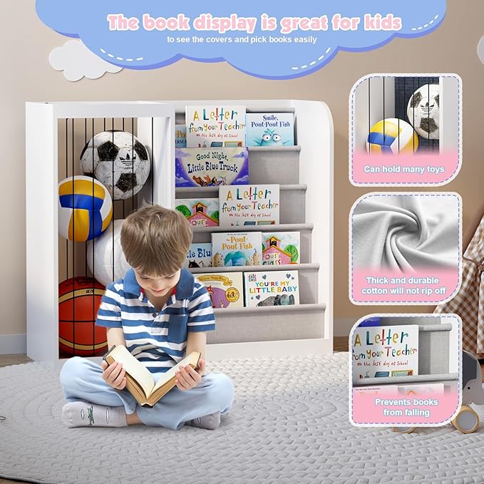 White Kids Bookshelf & Stuffed Animal Net Holder Plush Toy Storage Organizer Child Bookcase Toddler Baby Sling Book Rack for Playroom Bedroom Nursery Infant Boys Girls Classroom