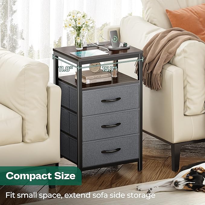 Huuger Nightstands Set of 2, 27.6 Inch End Tables with Charging Station, Fabric Drawers, Bedside Tables with USB Port and Outlet, Night Stands for Bedroom, Walnut