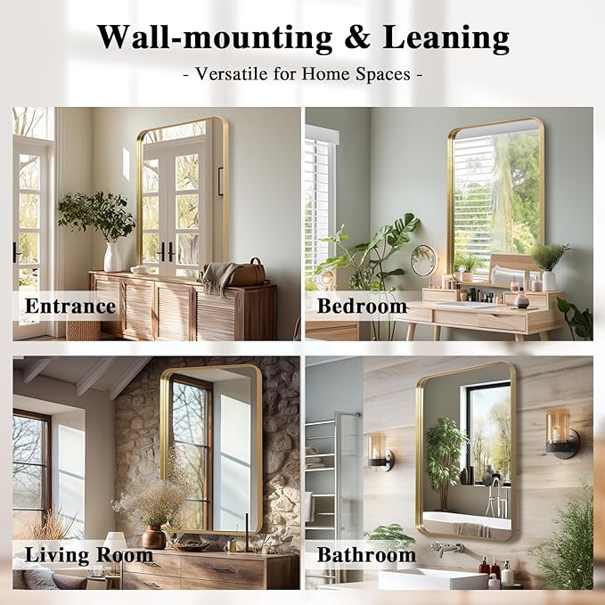 Wall Mirror 22" x 30" for Bathroom, Gold Metal Deep Frame, Rectangular Round Corner, Mounted Vanity Mirror for Bedroom, Living Room, Entryway Decor