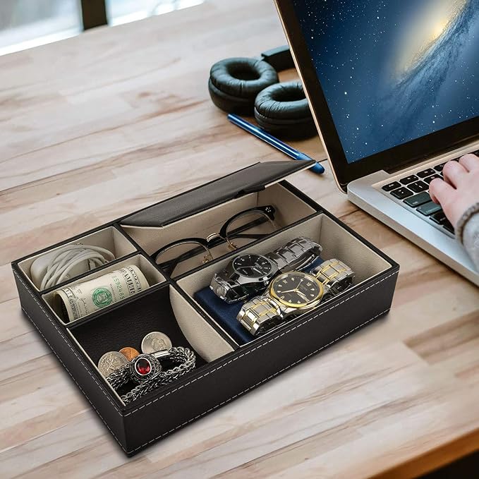 Baoyun Mens Valet Tray Organizer, Mens Jewelry Box, Nightstand Organizer for Men with 5 compartments, Faux Leather Key Tray for Entryway Table, Bedside Storage for Watch, Coin, Phone Gifts for Men