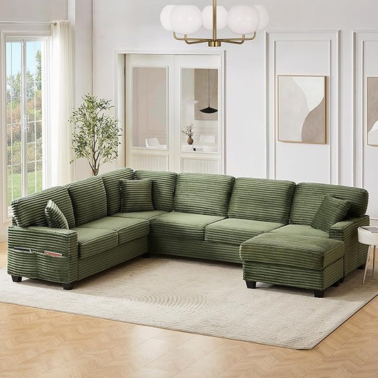 125.2" Sectional Sofa U-Shaped Upholstered Sofa L-Shaped Couch with a Movable Ottoman and Side Storage Pockets for Living Room, Green