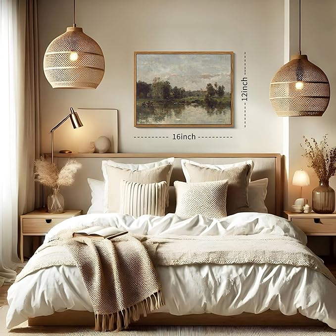 Floating Framed Canvas Wall Art - Tranquil River Landscape Pictures Prints, Countryside Vintage Scenery Paintings Wall Decor for Living Room Bedroom Office Home Decoration 12x16 inch