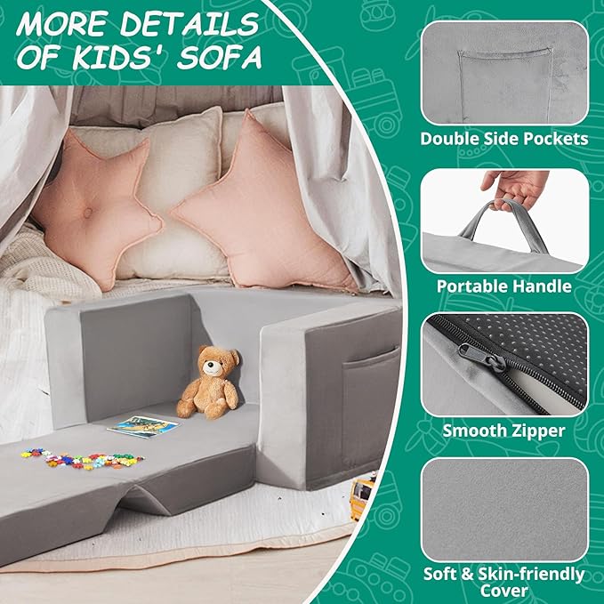 Kids Couch, 2-in-1 Toddler Chair Comfy 1-3 Years Old, Convertible Kids Chair, Toddler Couch That Fold Out, Kid Lounge Chairs for Boys and Girls, Soft Coral Fleece, Grey