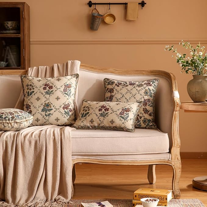 patdrea Designer Throw Pillow Covers Set of 2,Square Euro Retro Style Light Brown Linen with Floral Pattern Pillow Cover,Decorative Pillowcases Cushion for Bed Living Room Outdoor Car,18"x18"