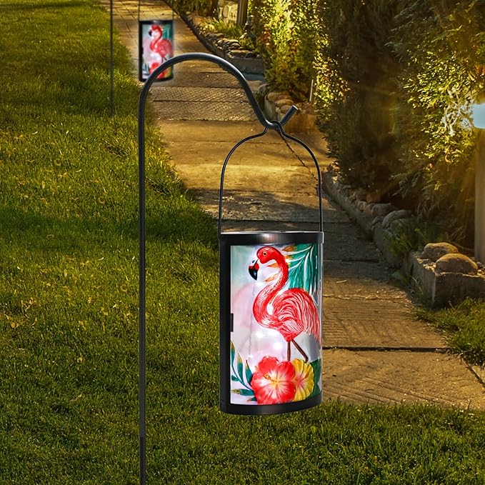 Hanging Solar Lantern Outdoor Waterproof Flamingo Solar Lights Glass Tabletop Decorative Lamp for Outdoor Patio Garden Outside Yard Decor