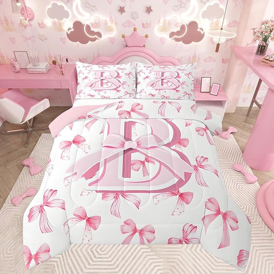 jejeloiu Kids Girls Cute Pink Bow Comforter Set Twin Size Personalized Initial B Bedding Set Ultra Soft Monogrammed Duvet Quilt Coquette Bow Knot Quilt Set Room Decor Modern Fashion Comforter