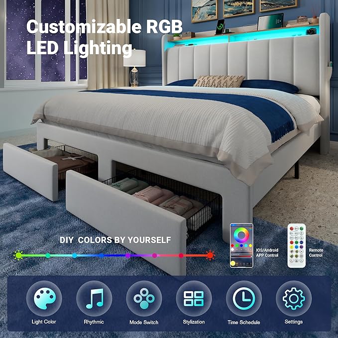 Allewie Velvet Vertical Tufted Full Size Upholstered Platform Bed Frame with 2-Tier LED Storage Headboard & 2 Storage Drawers, USB & Type-C Charging Ports, Noise-Free/No Box Spring Needed, White