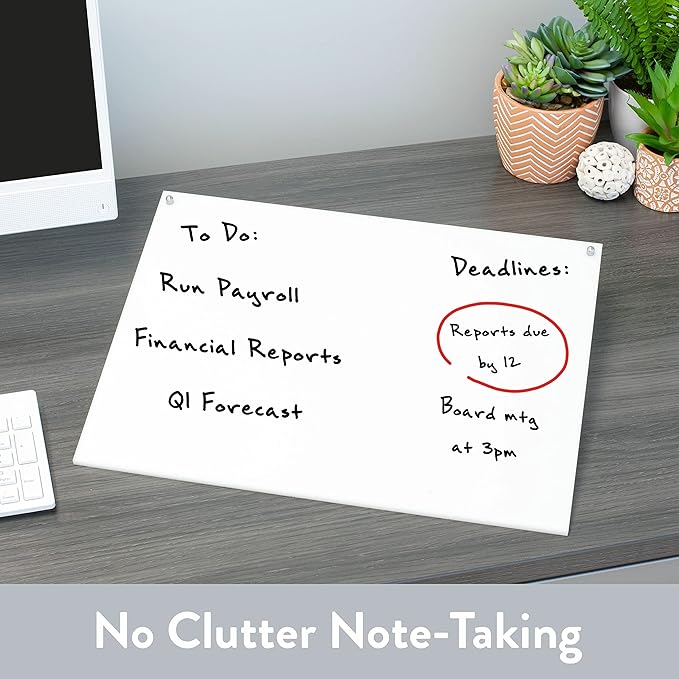 Desk Dry Erase Board with Erasable Marker | White, Black, Clear Acrylic Whiteboard Surface | Angled Writing Tablet | Personal Organizer with Daily Schedules | Weekly to-Do Lists (White - 12x16)
